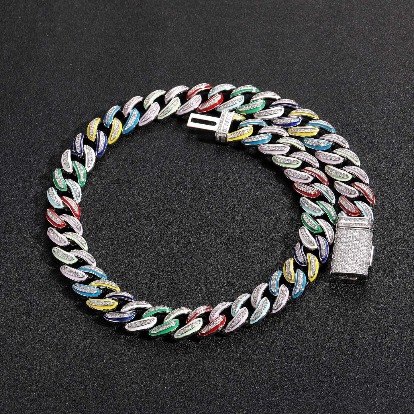 Real Iced Out Jewelry For Cheap Brass jewelry Gold Plated With Bling Zircon 15mm Rainbow Oil Women Men Cuban Chain Choker Necklace