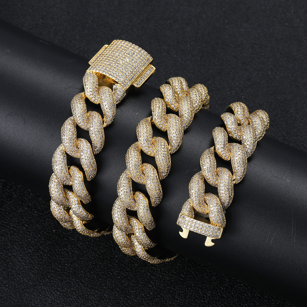 European And American New Hiphop Necklace 18mm Encrypted Bubble Cuban Chain Spring Buckle Full Zircon Domineering Necklace Jewelry