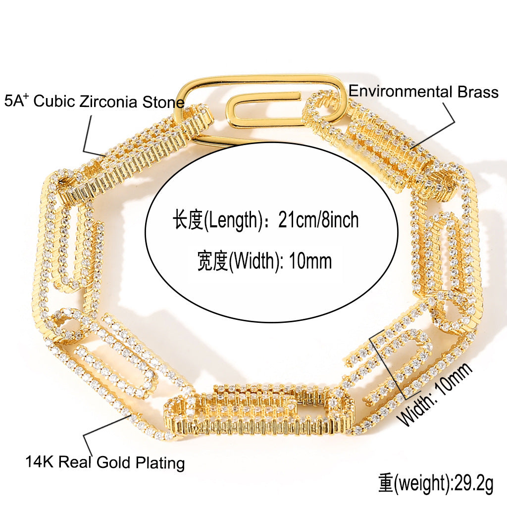 10mm Miami Zirconia Diamond CZ Bling Diamond Cuban Link Paper Clip Bracelet