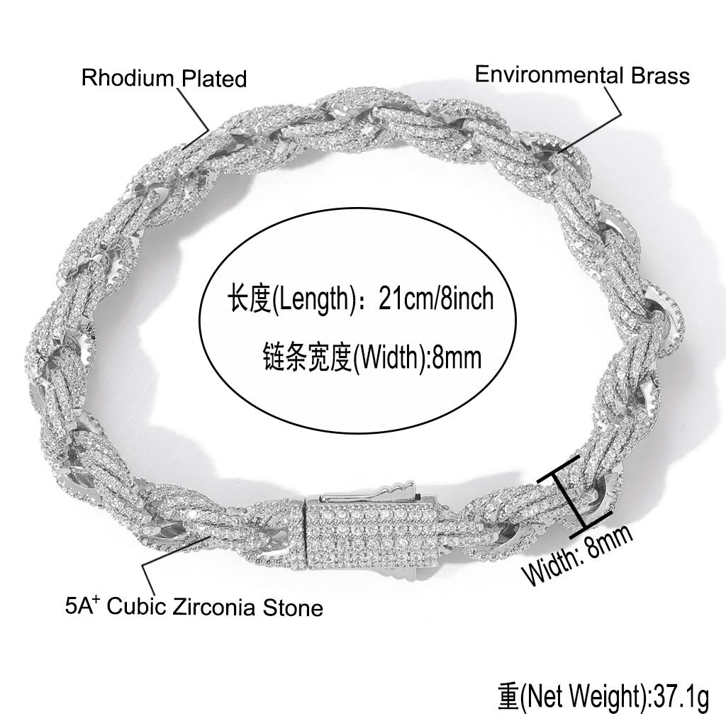 European American Hip Hop Bracelet Men Full Zircon 8mm Twist Chain Rope Chain Hiphop Men Bracelet ewelry
