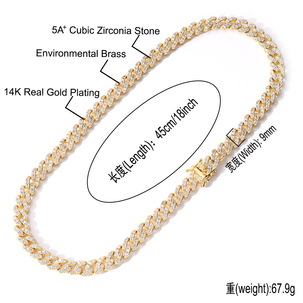 Hip Hop Fashion 9mm 1 Row White Zircon Rose Gold Iced Out Miami Cuban Link Chain Necklace Jewelry