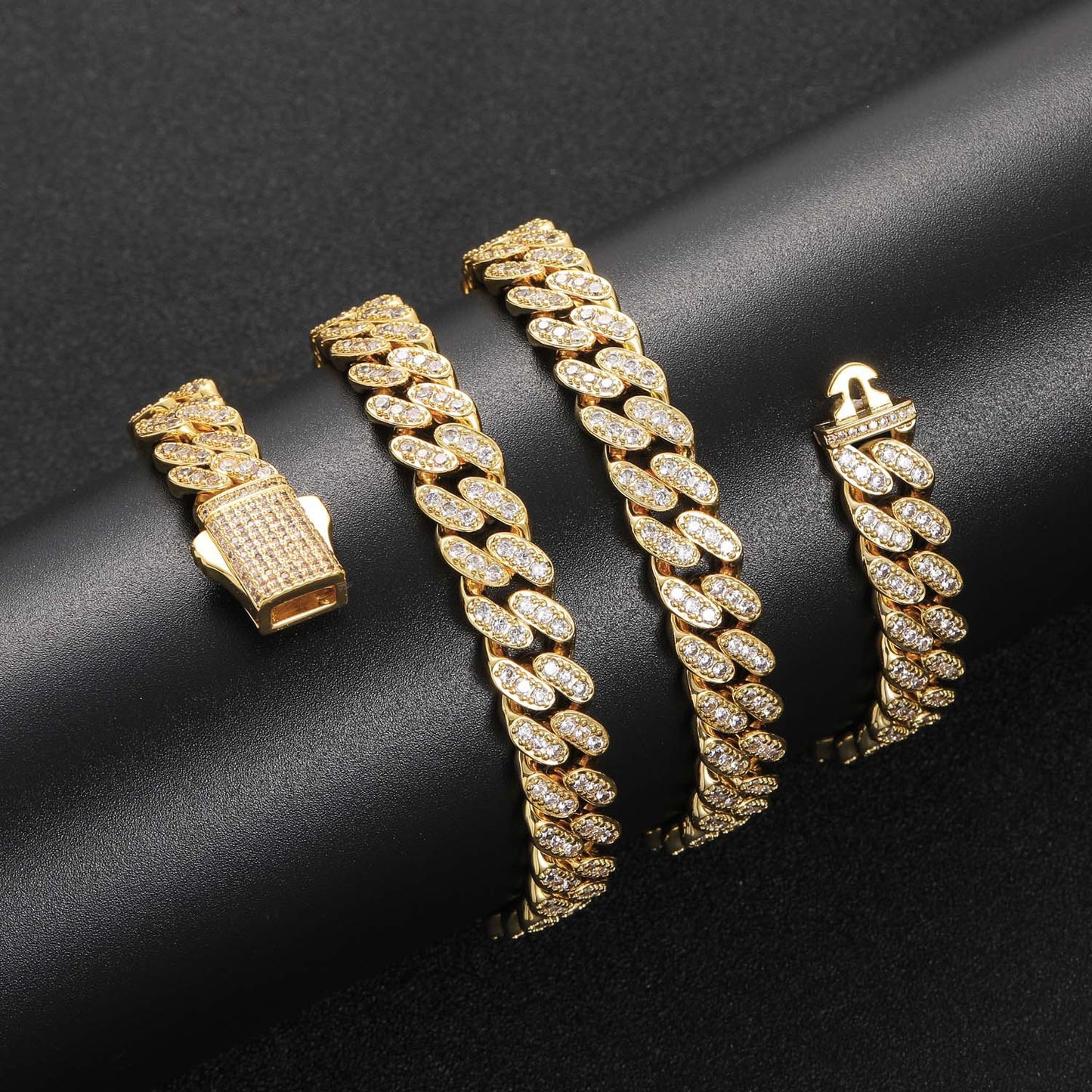 9mm Single Row Zircon Cuban Chain Spring Buckle Men's Personality Necklace Trendy Jewelry