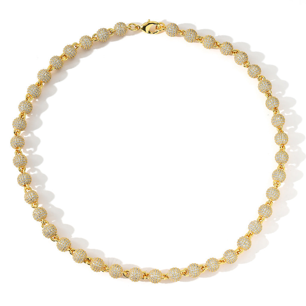 8MM Fashion 3D Round Bead Chain Copper Zircon Hip Hop Jewelry 14K Gold Spiked Womens Cuban Link Chain Necklaces