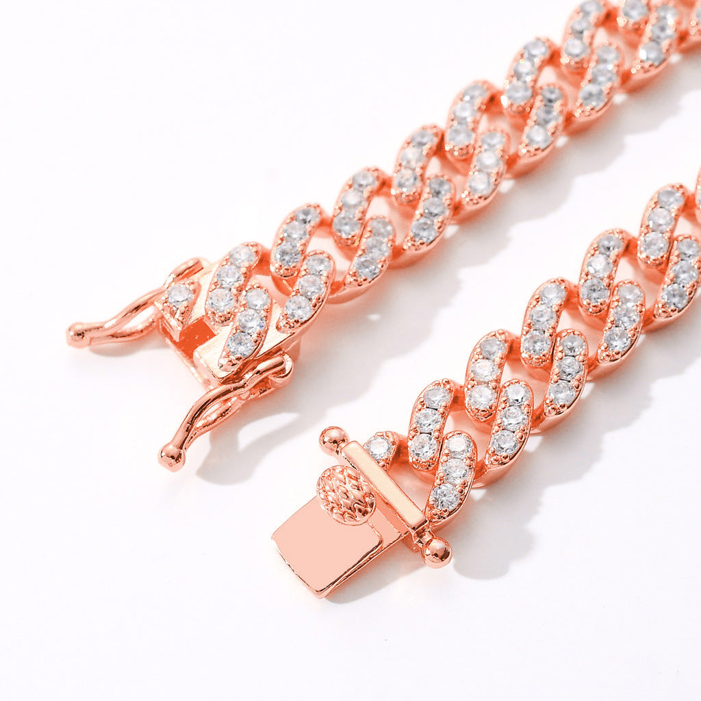 Hip Hop Fashion 9mm 1 Row White Zircon Rose Gold Iced Out Miami Cuban Link Chain Necklace Jewelry