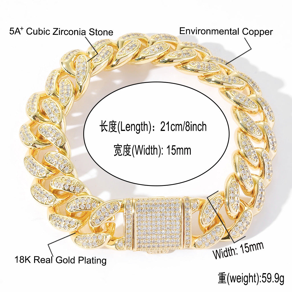 15MM Gold Filled Cuban Link Bracelet Hip Hop Jewelry CZ Fully Iced Out Miami 14K Solid Diamond Cuban Link Fshion Bracelet Jewelry