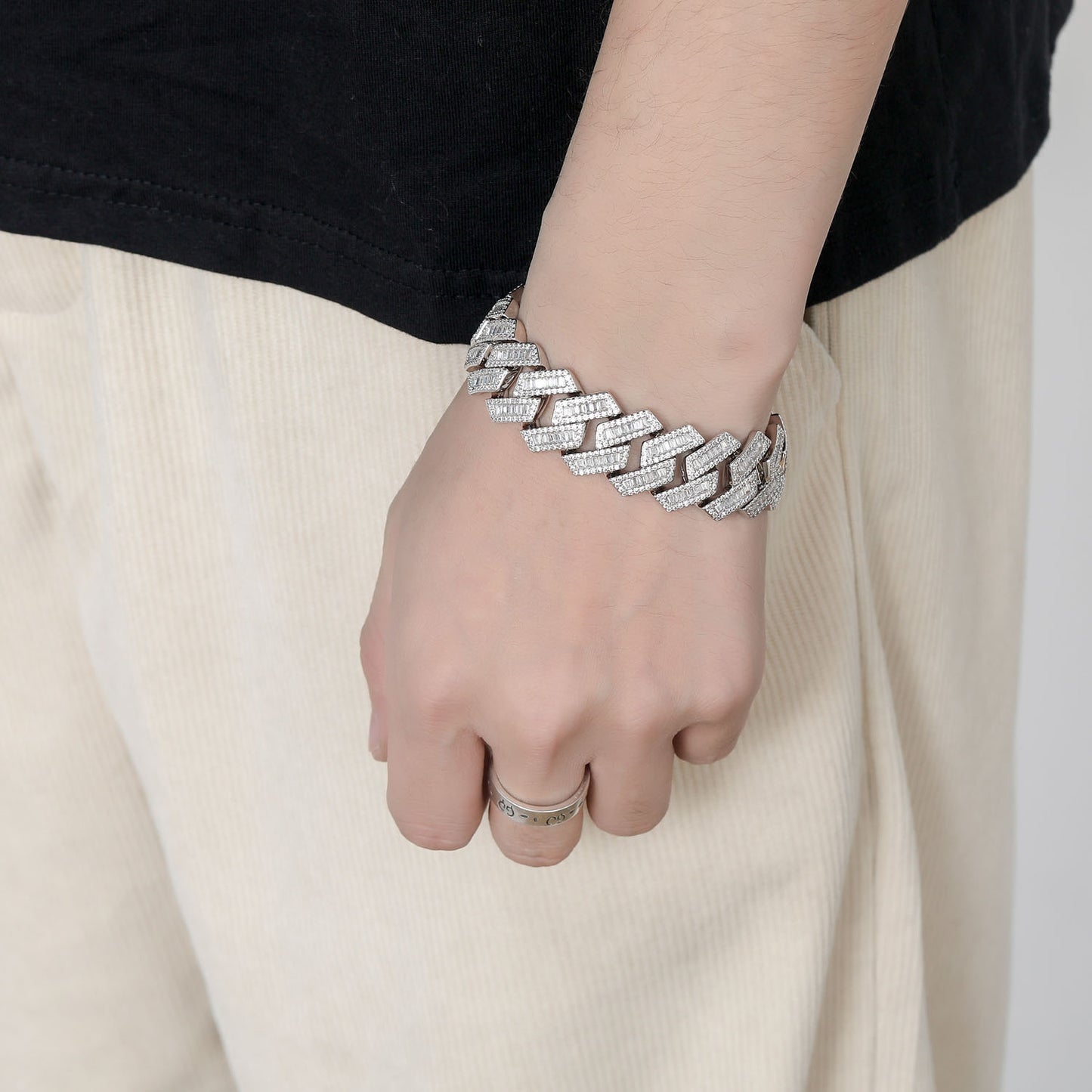 Hiphop 20mm Wide Domineering Square Round Zircon Rhombus Cuban Link Chain Personality Exaggerated Men Bracelet Jewelry