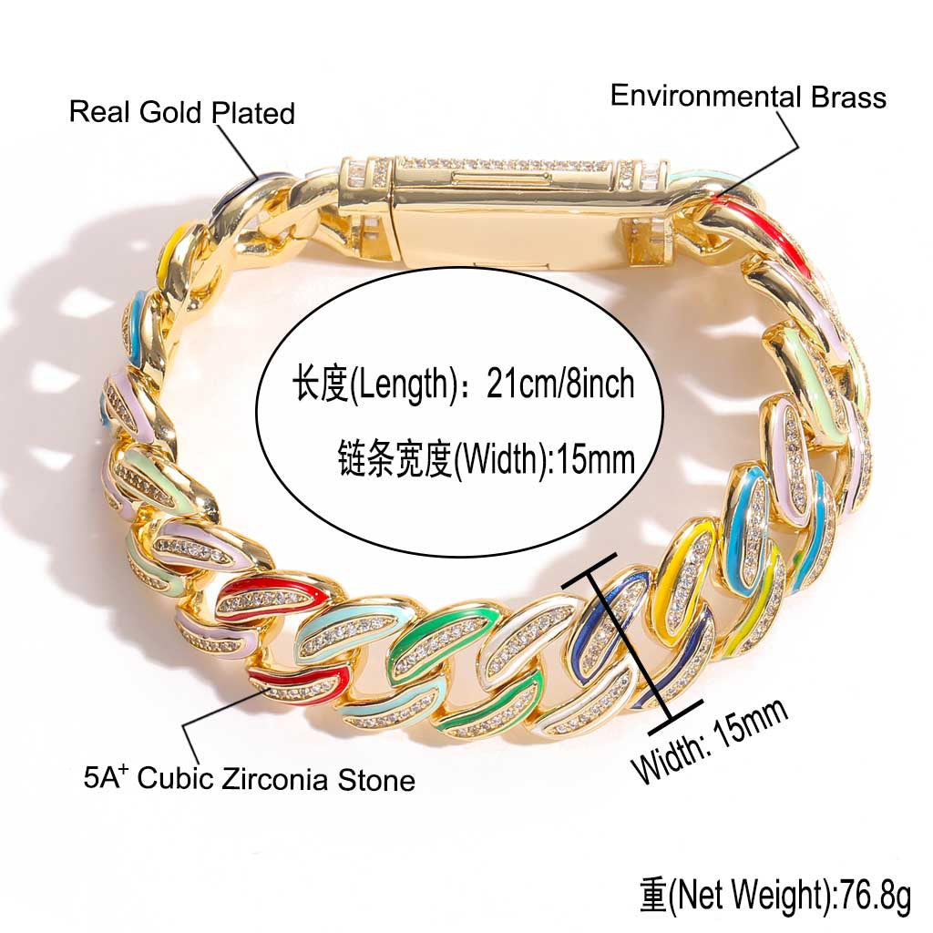Real Iced Out Jewelry For Cheap Brass jewelry Gold Plated With Bling Zircon 15mm Rainbow Oil Women Men Cuban Chain Choker Necklace