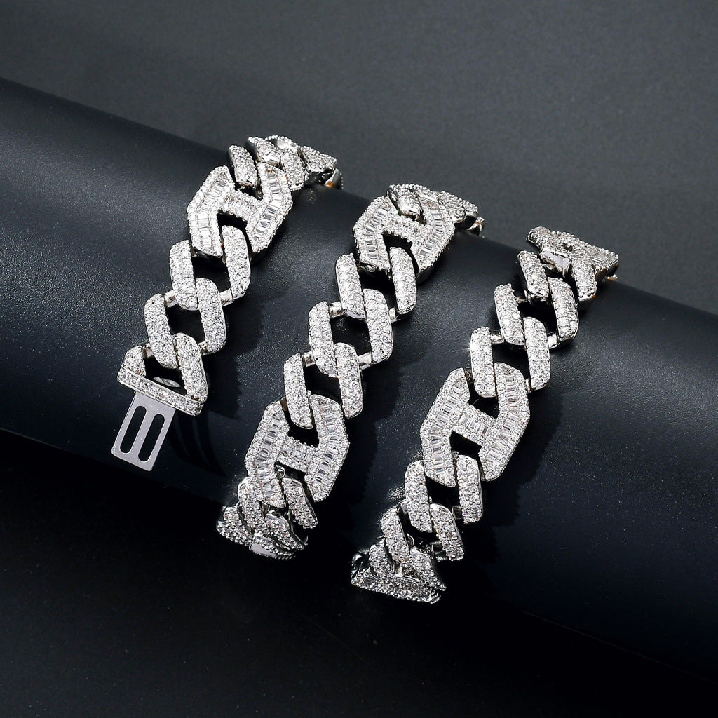 New Hip Hop Necklace 15MM Brass Zircon Two Colors Three To One Pig Nose Cuban Link Chain Necklace Jewelry
