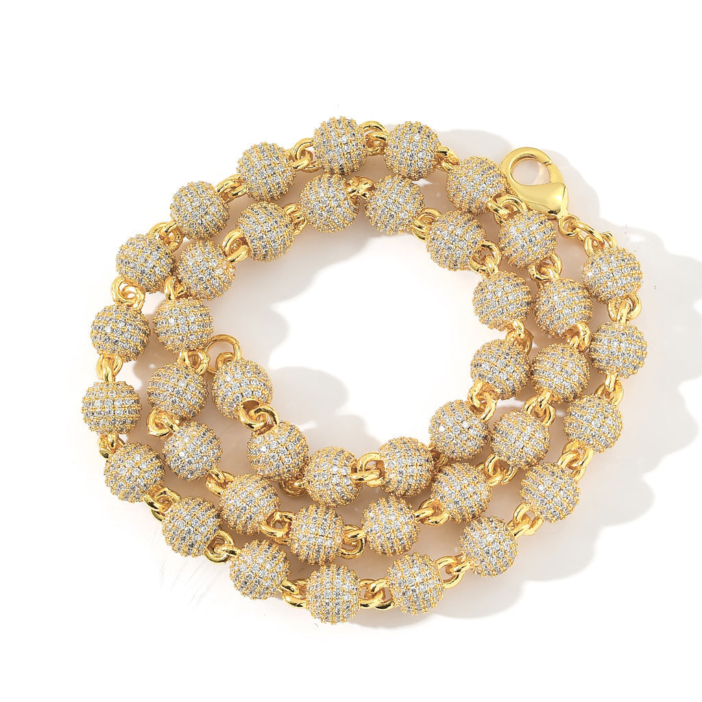 8MM Fashion 3D Round Bead Chain Copper Zircon Hip Hop Jewelry 14K Gold Spiked Womens Cuban Link Chain Necklaces
