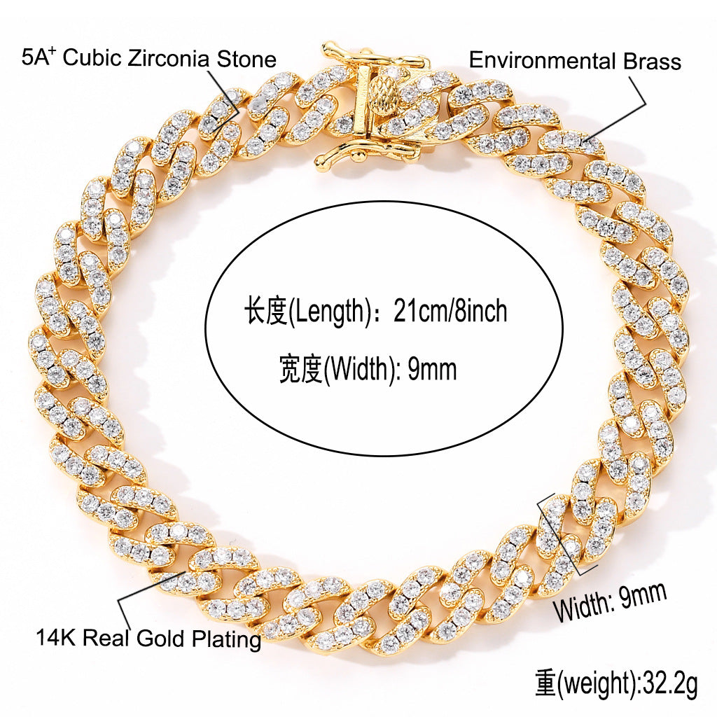 Hip Hop Fashion 9mm 1 Row White Zircon Rose Gold Iced Out Miami Cuban Link Chain Bracelet Jewelry