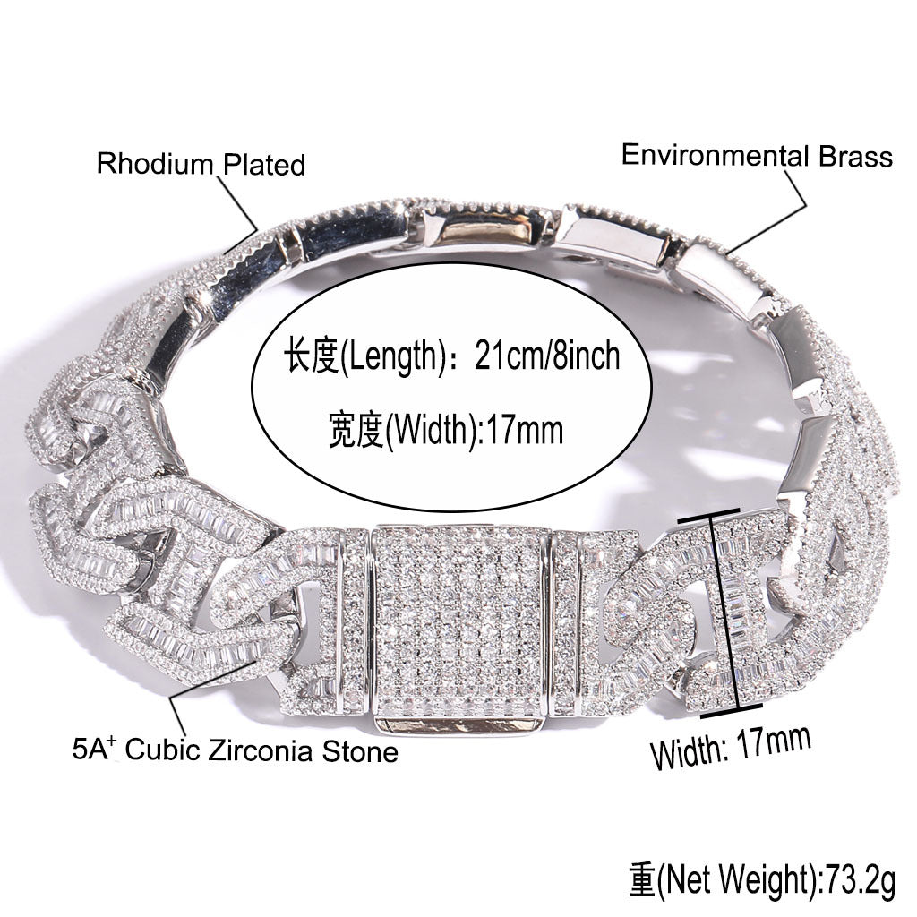 17MM Copper Zircon Wholesale Hip Hop Zircon Cuban Link Chain Gold Men Braceelet 14K Diamond Jewelry Cuban Chain Braceelet