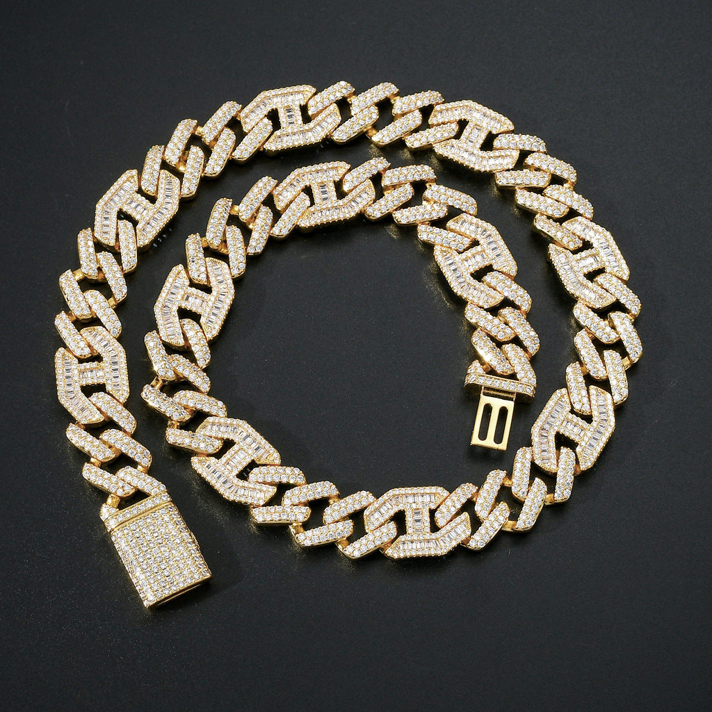 New Hip Hop Necklace 15MM Brass Zircon Two Colors Three To One Pig Nose Cuban Link Chain Necklace Jewelry