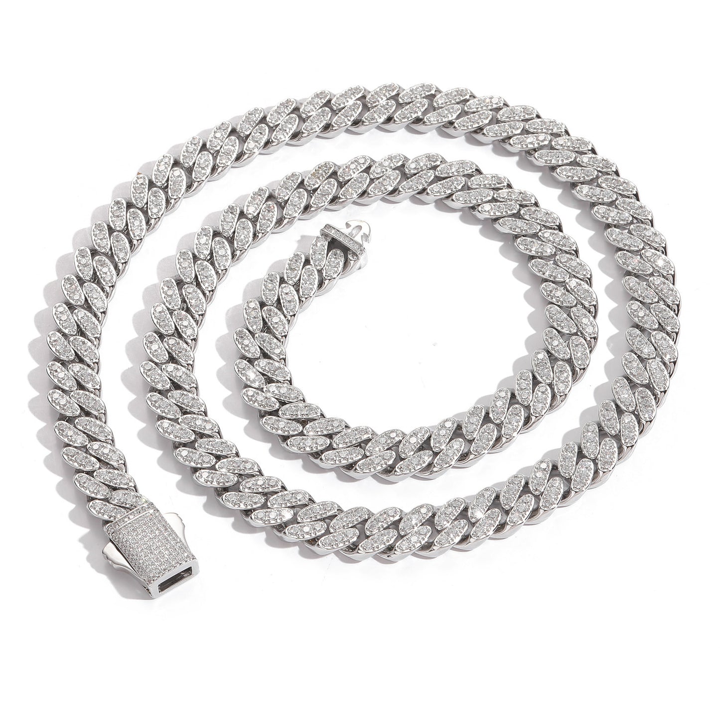 9mm Single Row Zircon Cuban Chain Spring Buckle Men's Personality Necklace Trendy Jewelry