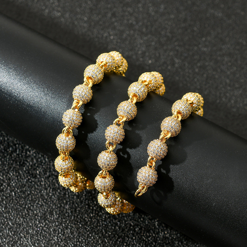 8MM Fashion 3D Round Bead Chain Copper Zircon Hip Hop Jewelry 14K Gold Spiked Womens Cuban Link Chain Necklaces