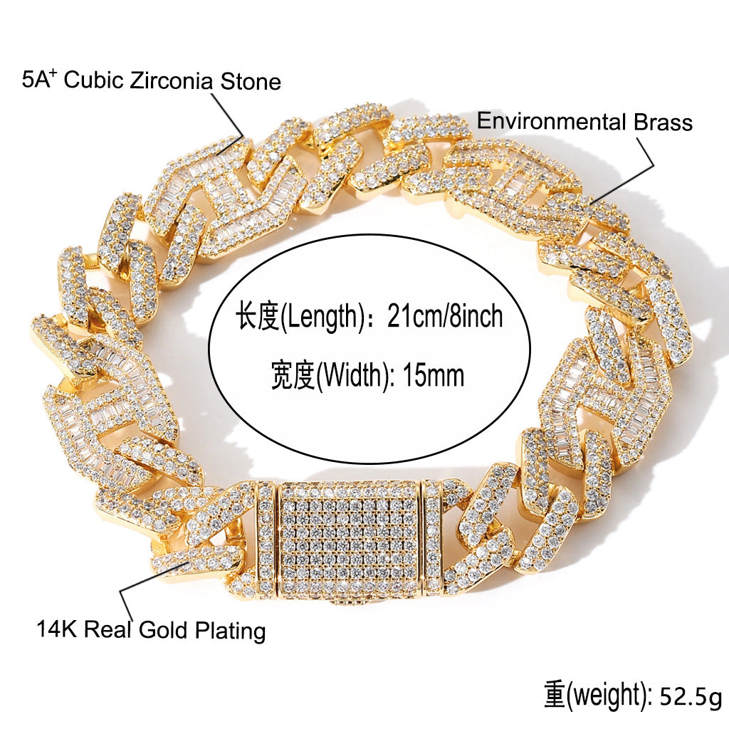 New Hip Hop Necklace 15MM Brass Zircon Two Colors Three To One Pig Nose Cuban Link Chain Necklace Jewelry