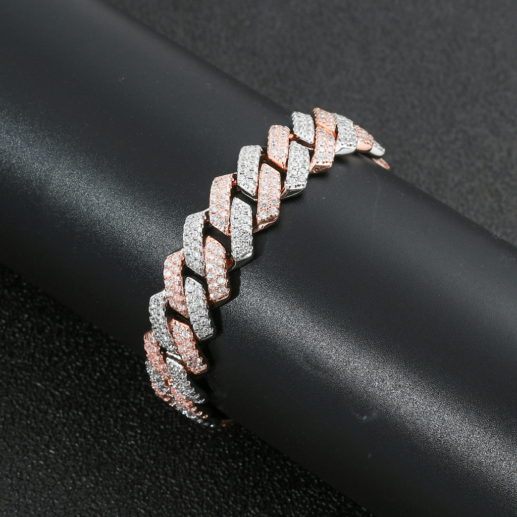 Hip Hop Two Tone 14mm White Gold Rose Gold Mixed Color Iced Out AAA Cubic Zircon Miami Cuban Bracelelt Jewelry