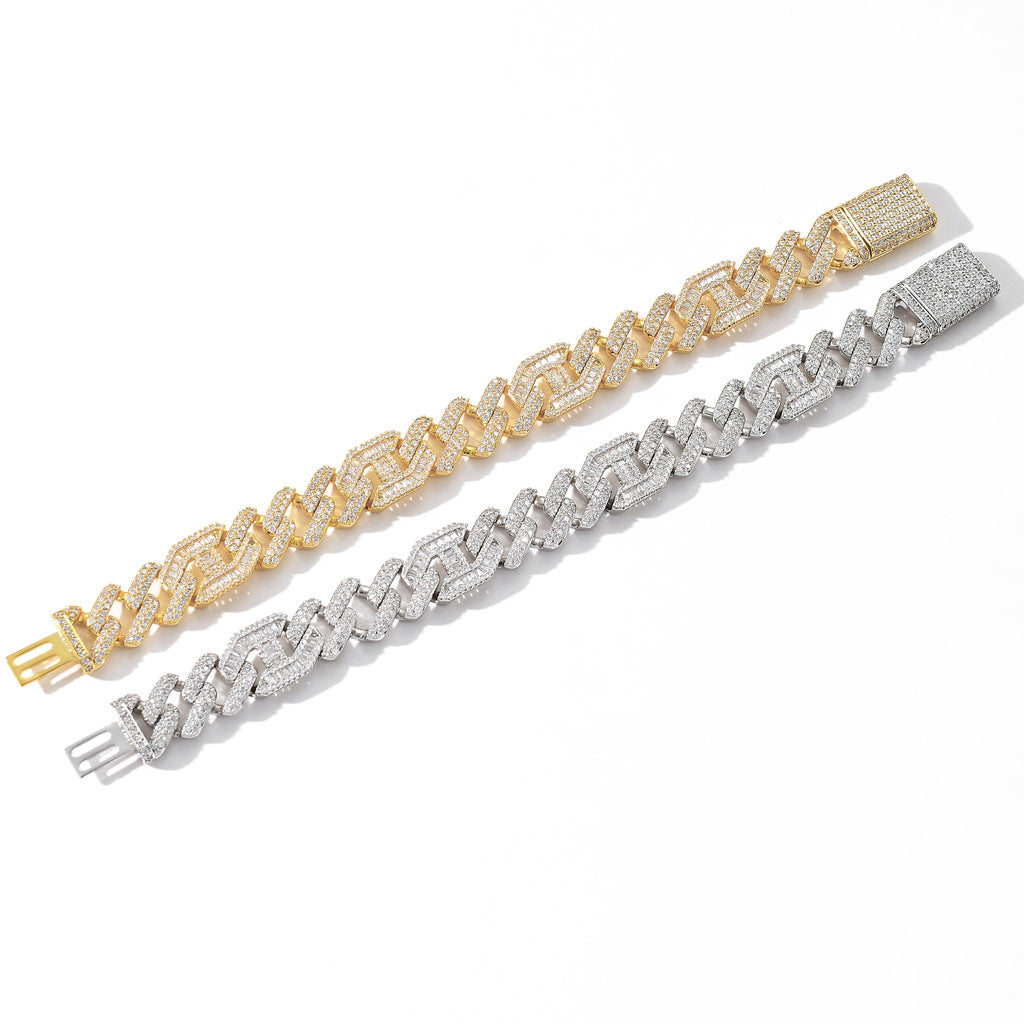 New Hip Hop Necklace 15MM Brass Zircon Two Colors Three To One Pig Nose Cuban Link Chain Necklace Jewelry