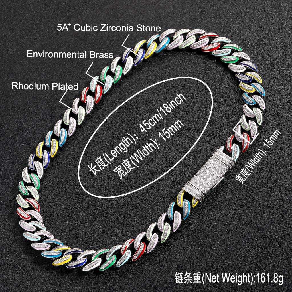 Real Iced Out Jewelry For Cheap Brass jewelry Gold Plated With Bling Zircon 15mm Rainbow Oil Women Men Cuban Chain Choker Necklace