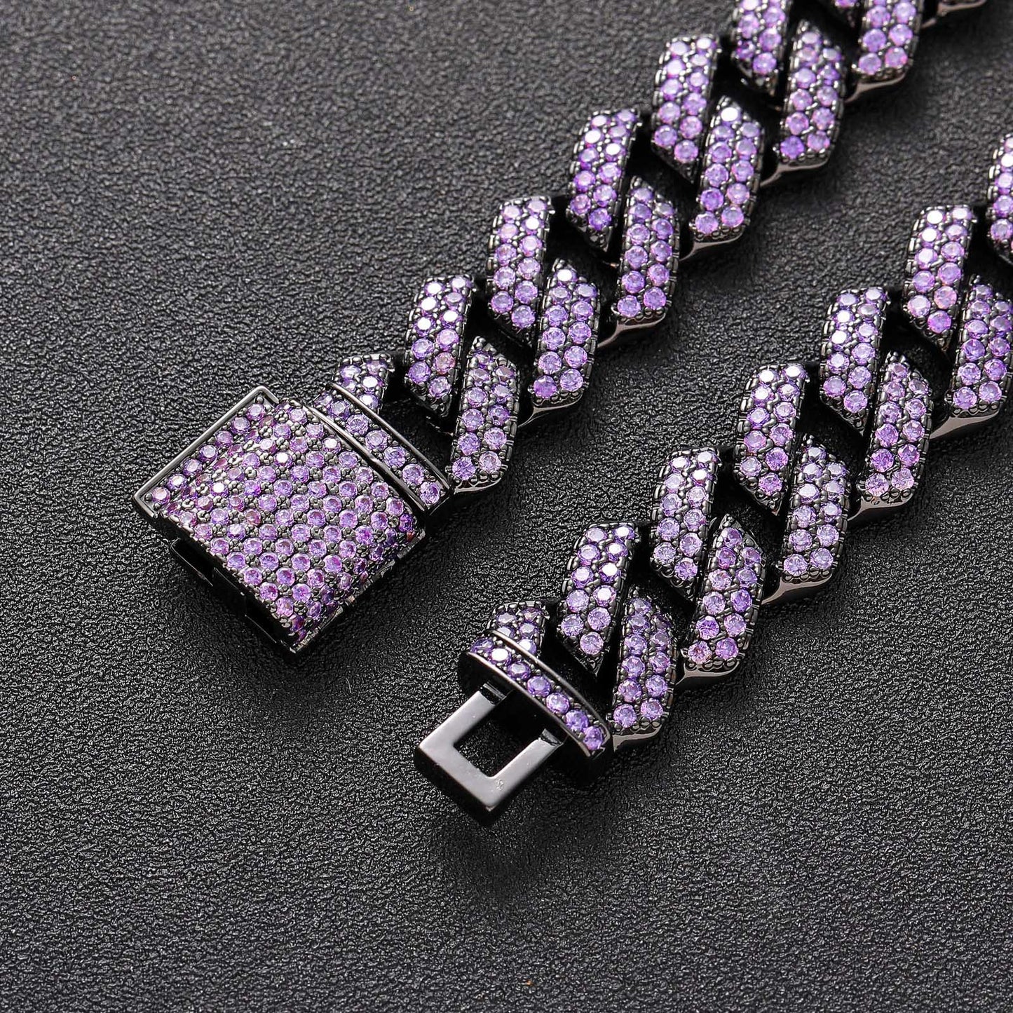 Products Hiphop Bracelet Men Purple Zircon 15mm Rhombus Cuban Chain Copper Inlaid Zircon Hip Hop Cuban Link Chain Bracelet