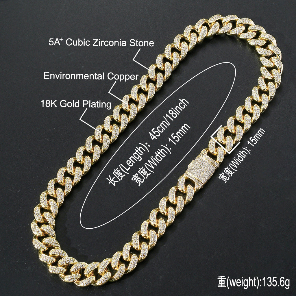 New Mens Rap Gold Hiphop Hip Hop Jewelry Chunky 15mm Iced Out AAA Cubic Zircon Miami Cuban Chain Necklace