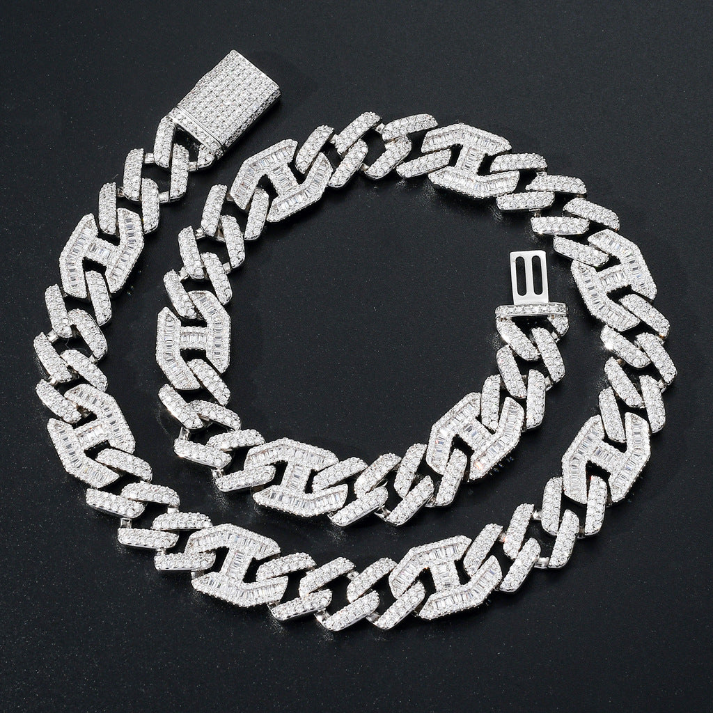 New Hip Hop Necklace 15MM Brass Zircon Two Colors Three To One Pig Nose Cuban Link Chain Necklace Jewelry