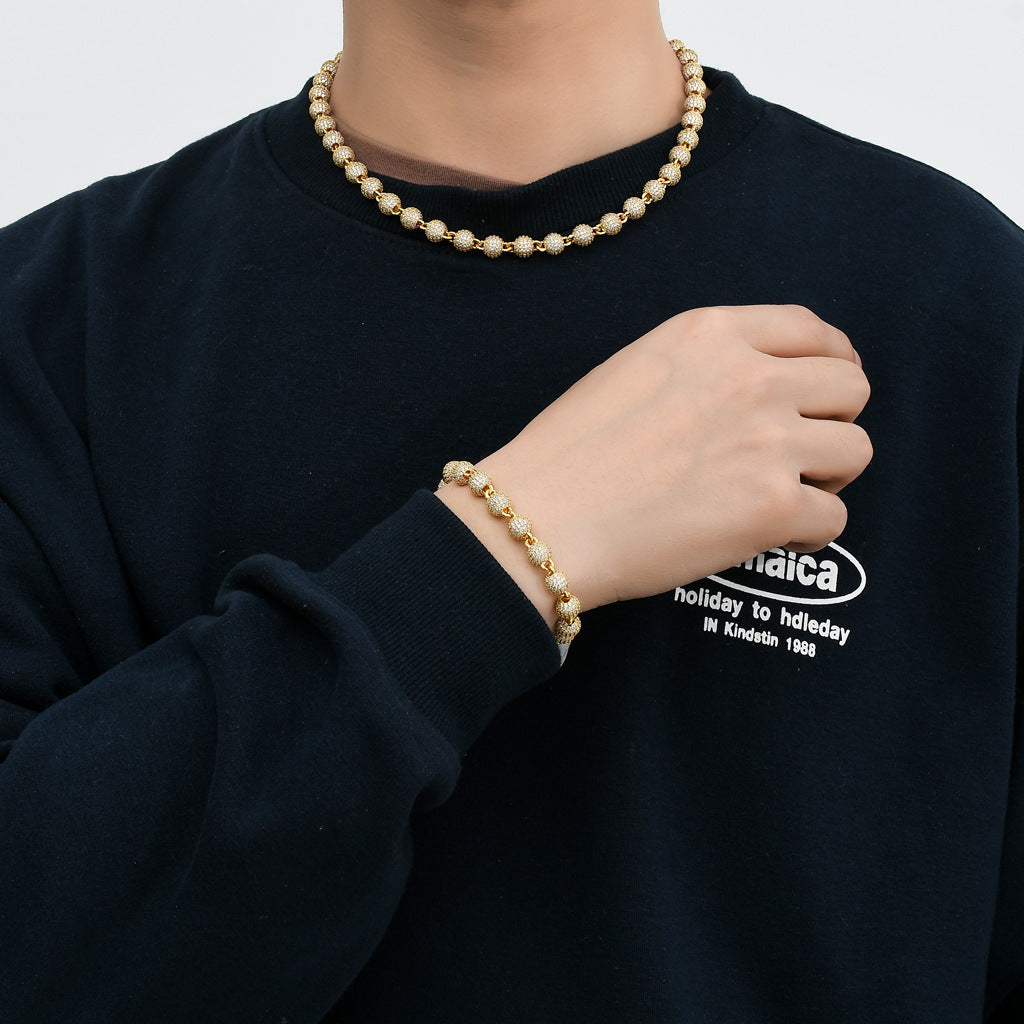 Wholesale Price Hip Hop Men 8mm Ball Chain Necklace 14K Gold Plated Iced Out Luxury Choker Cuban Chain Bracelet Beads Jewelry