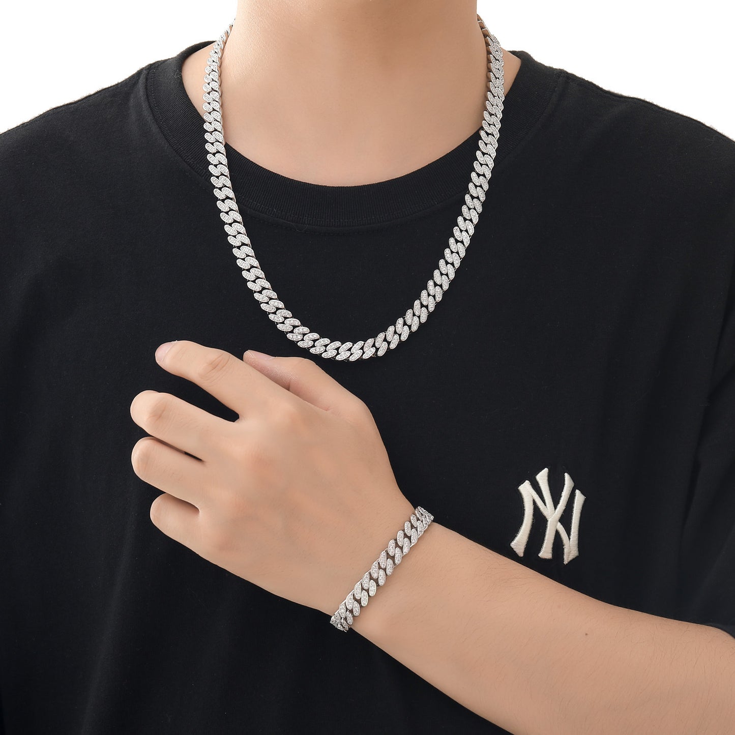 9mm Single Row Zircon Cuban Chain Spring Buckle Men Personality Bracelet Trendy Jewelry