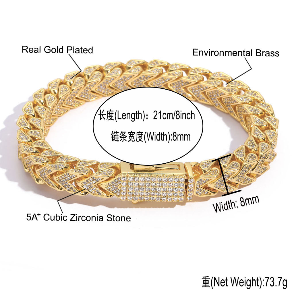 Hip Hop 8mm V shaped Cuban Chain Full of CZ Iced Out Diamond Bracelet Jewelry