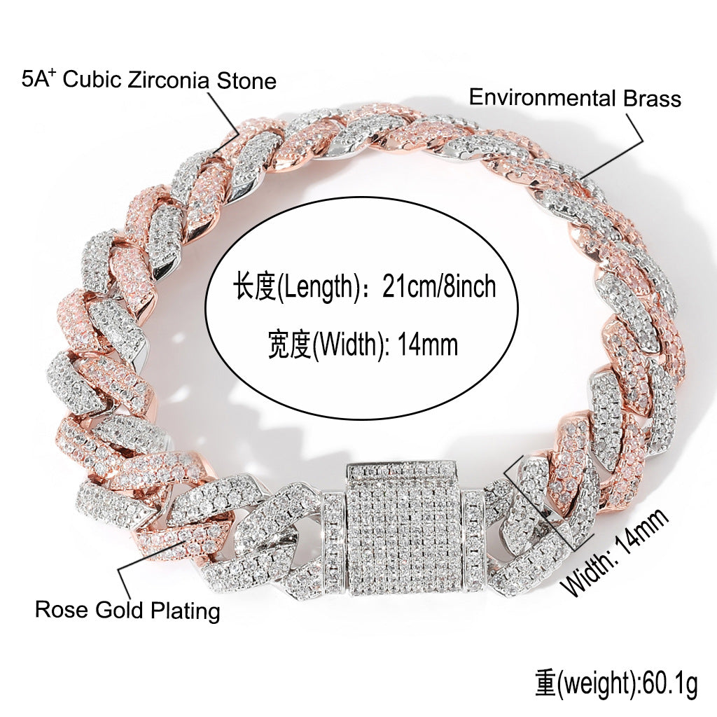Hip Hop Two Tone 14mm White Gold Rose Gold Mixed Color Iced Out AAA Cubic Zircon Miami Cuban Bracelelt Jewelry