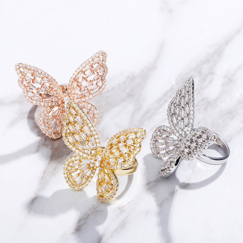 Adjustable Opening Butterfly Ring Full Of Zircon Hip Hop Women Hollow Ring Jewelry