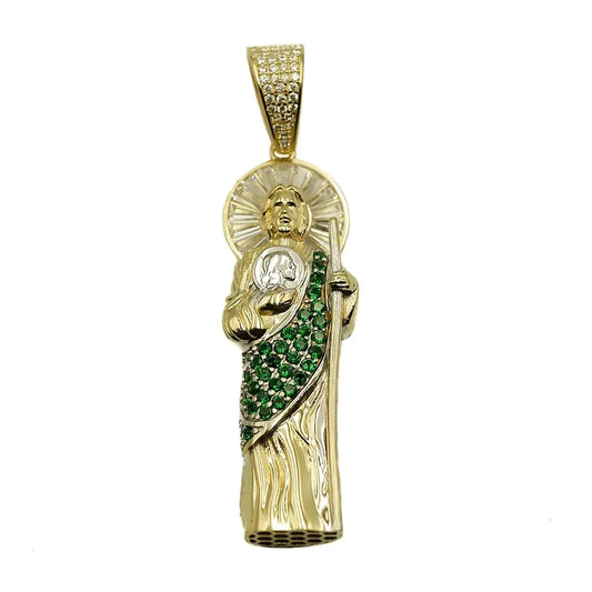 Latest Design 14K Two Tones Gold 3D Puffy Saint Jude San Judas Pendant With Green Cz Stone