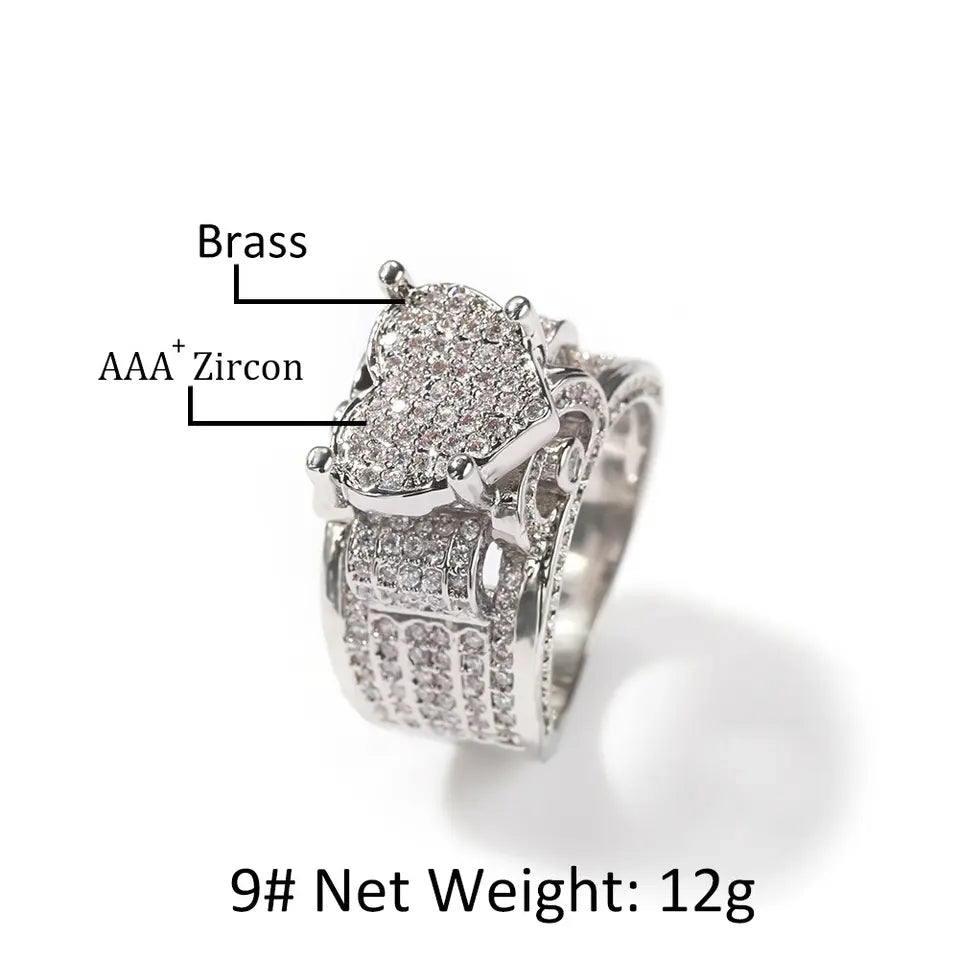 Brass Micro Pave Zircon Engagement Ring Hip Hop Heart Design Trendy Ring For Wedding Gift