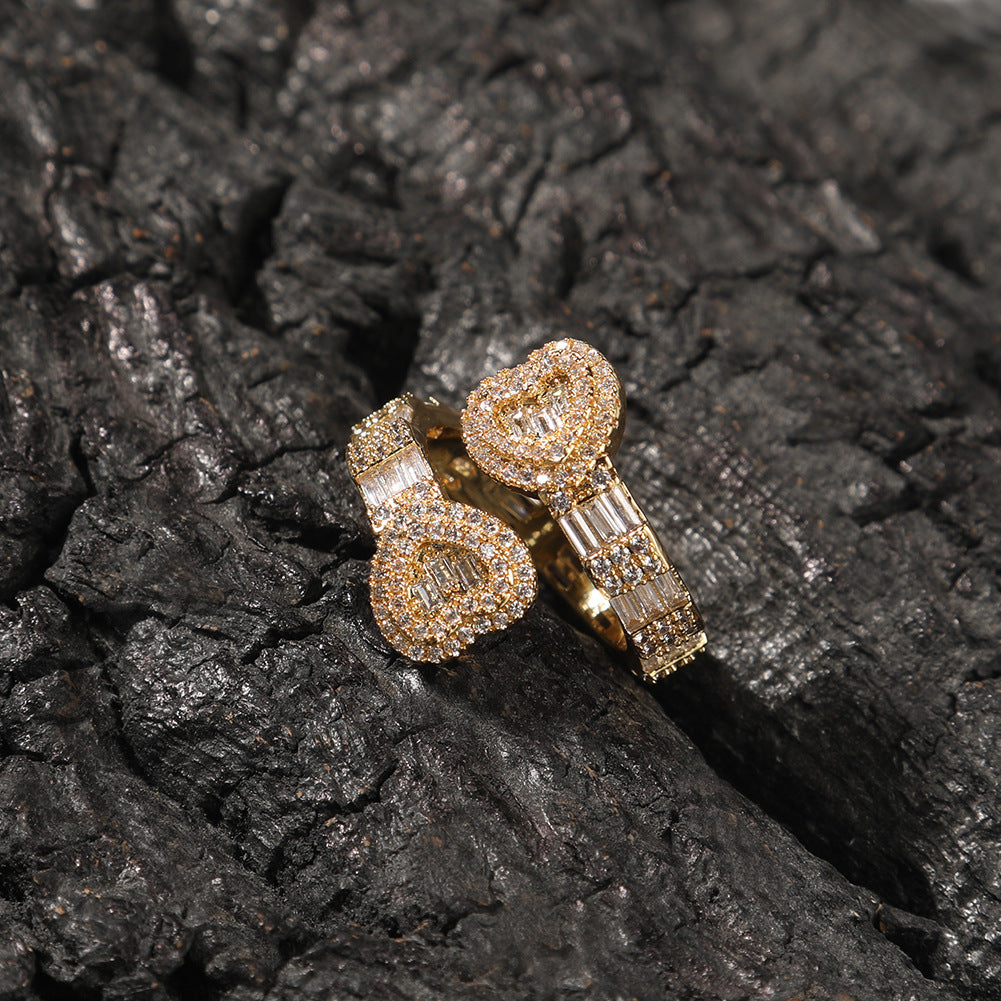 Hip Hop Gold Diamond-Encrusted Love Couple Zircon Cuban Jewelry Rings