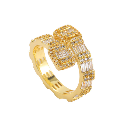 Open Geometric Ring 18K Gold Plated Copper Micro-inlaid T Square Zircon Ring