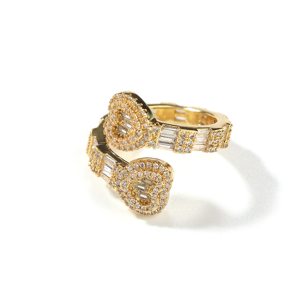 Hip Hop Gold Diamond-Encrusted Love Couple Zircon Cuban Jewelry Rings