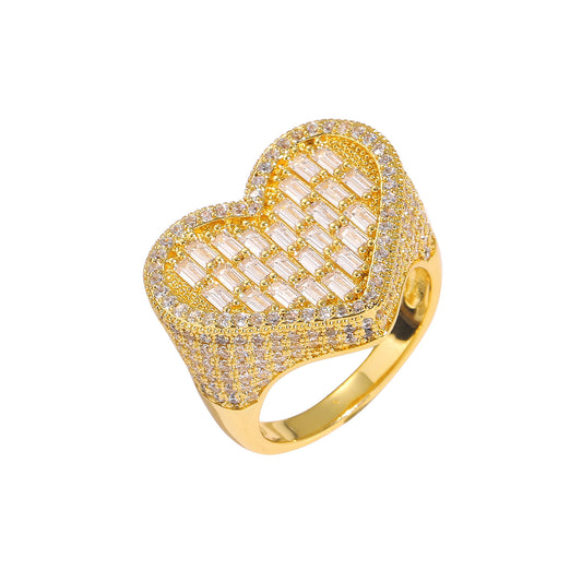 Big Heart Brass With Real Gold Plated 5A Cubic Zirconia Ring Jewelry