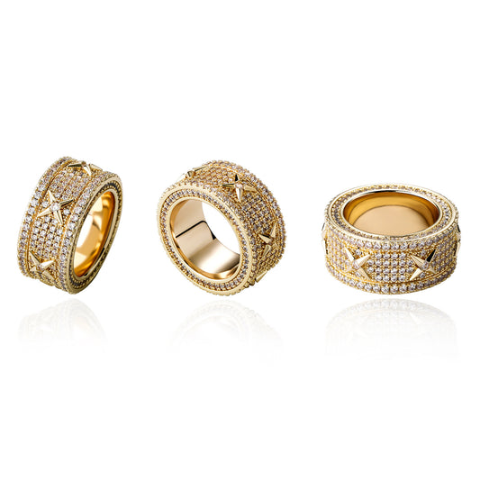 Four Star Cooper Material Gold Plated Full of CZ Diamond Hip Hop Wedding Band Ring