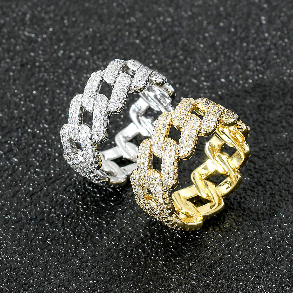 Fashion Bling Iced Out Brass CZ Cuban Chain Ring Jewelry