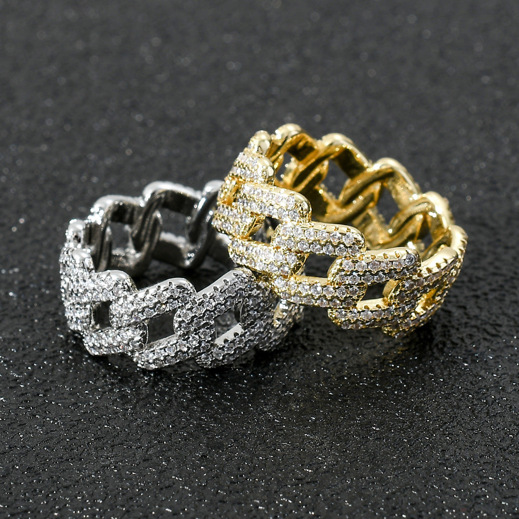 Fashion Bling Iced Out Brass CZ Cuban Chain Ring Jewelry