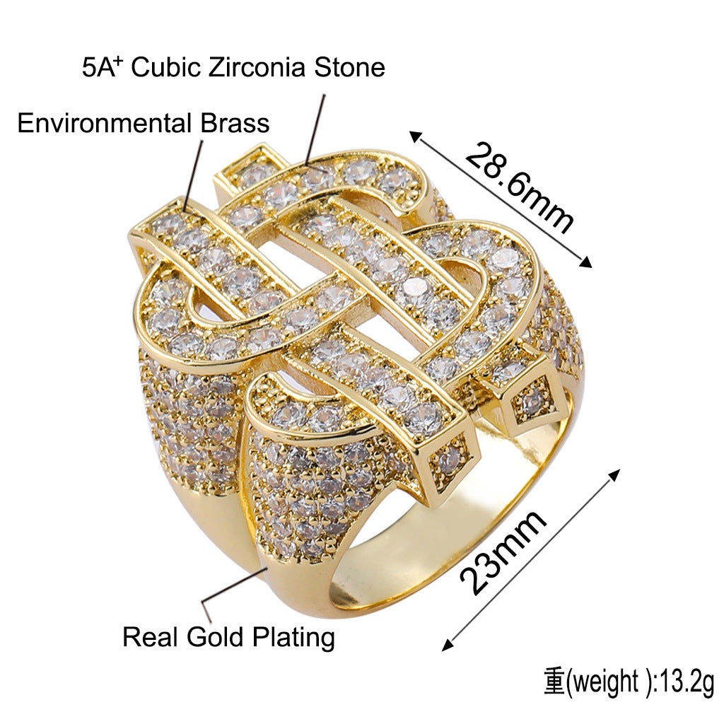 New Brass Zircon Horus Dollar Ring Vintage Men Jewelry