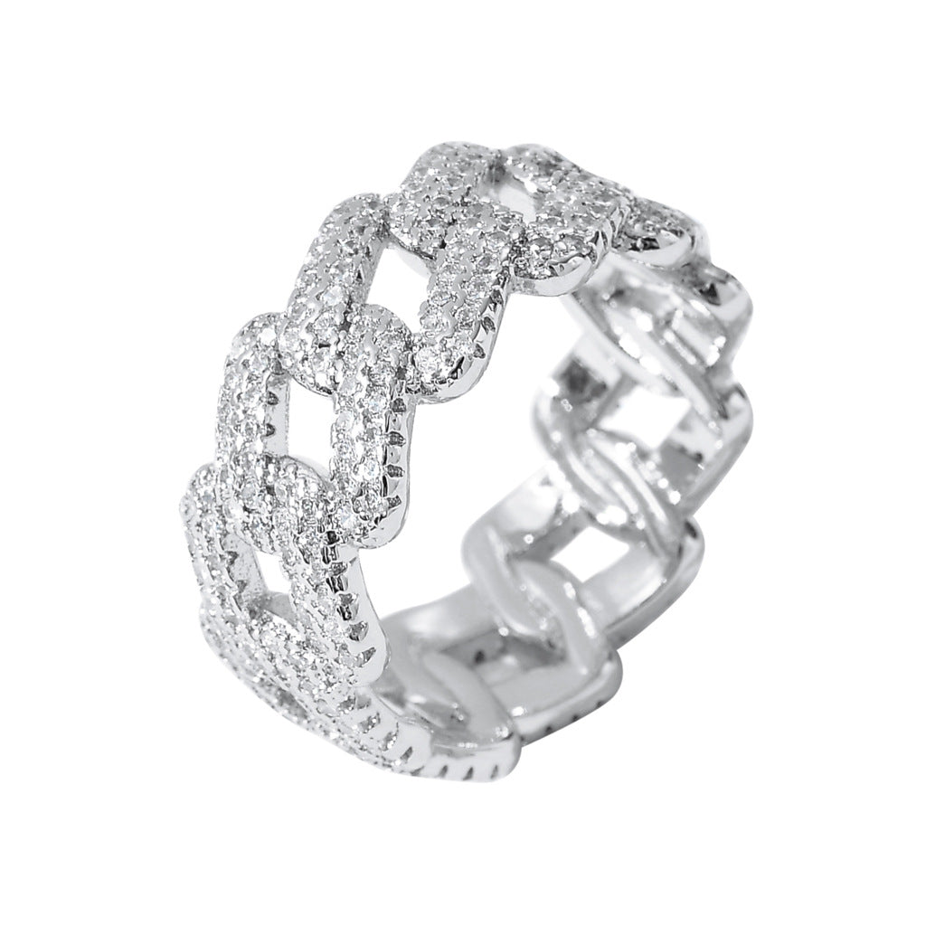 Fashion Bling Iced Out Brass CZ Cuban Chain Ring Jewelry