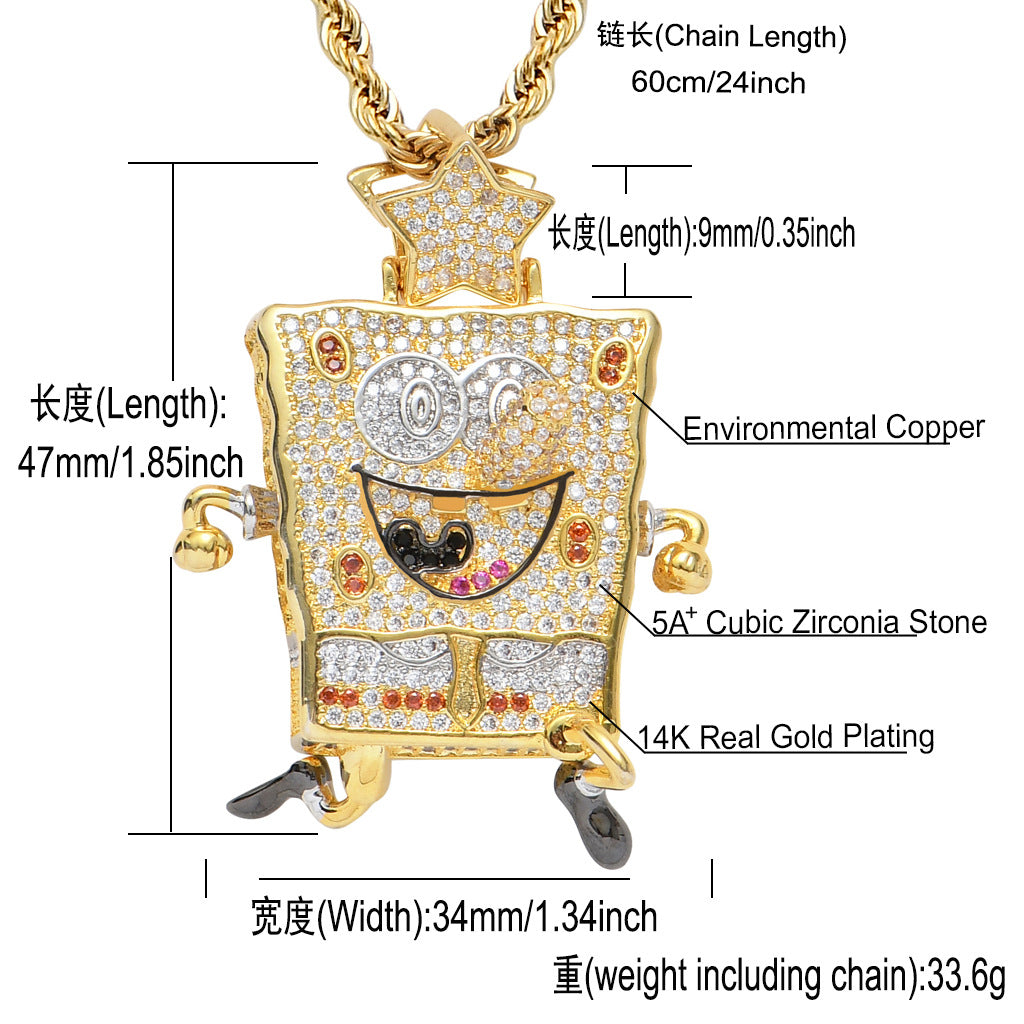 European American Cartoon Animation SpongeBob SquarePants Pendant Hip-hop Micro-inlaid Zircon Trendy Charm pendant jewelry