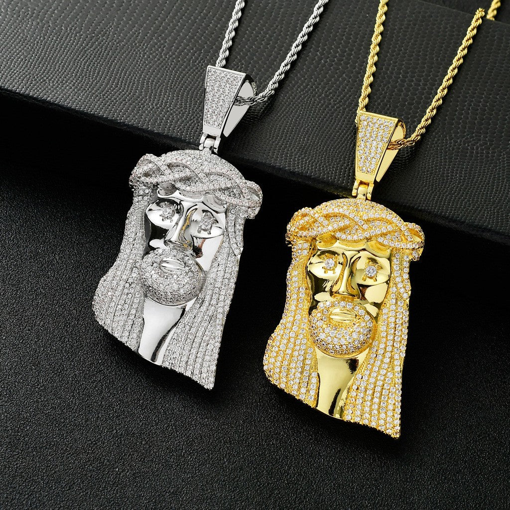 Fashionable Jesus Head Charm Pendant Micro-inlaid Zircon Personality Pendant Exaggerated Hiphop Jewelry