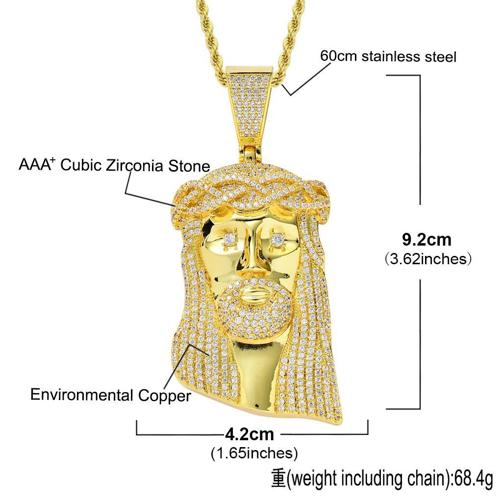 Fashionable Jesus Head Charm Pendant Micro-inlaid Zircon Personality Pendant Exaggerated Hiphop Jewelry
