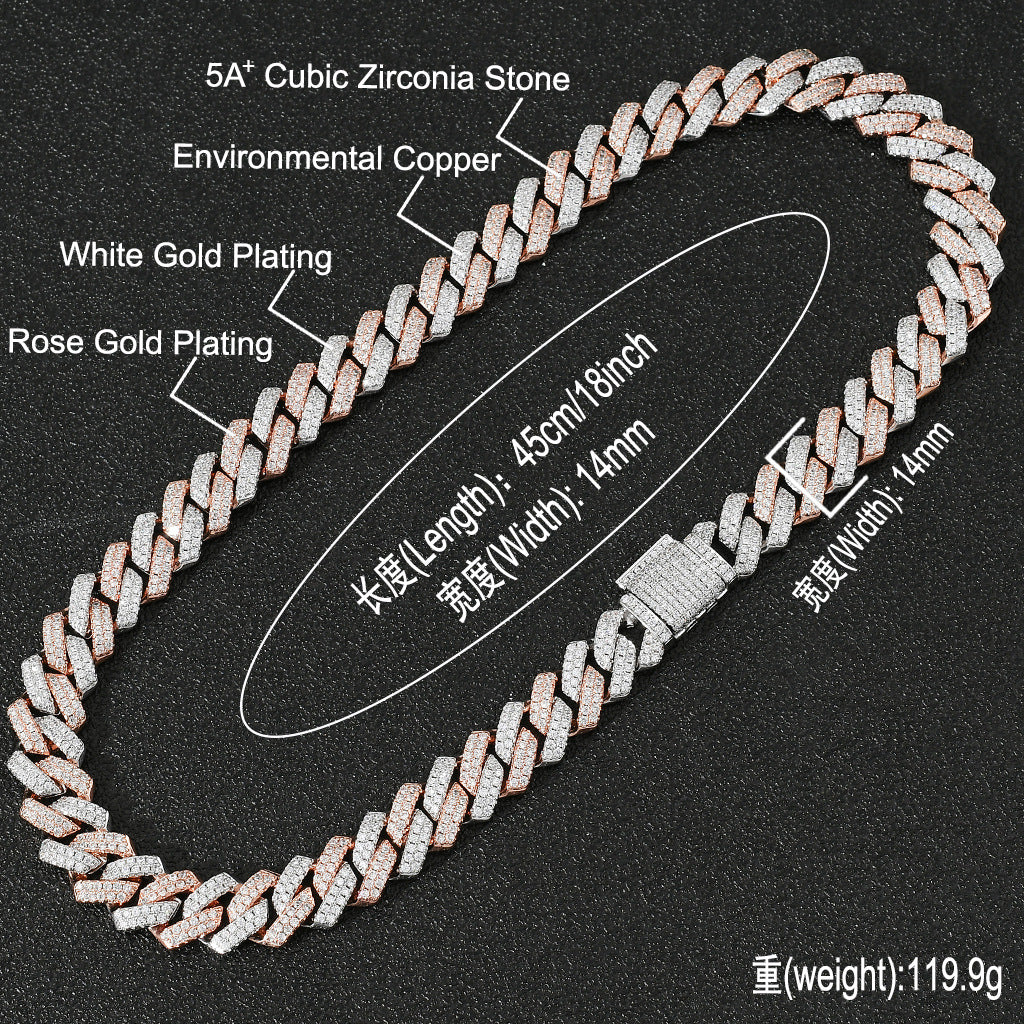 New 14mm White Gold Rose Gold Mixed Color Chocker Necklace From India Solid Gold Cuban Link Chain Necklace Jewelry