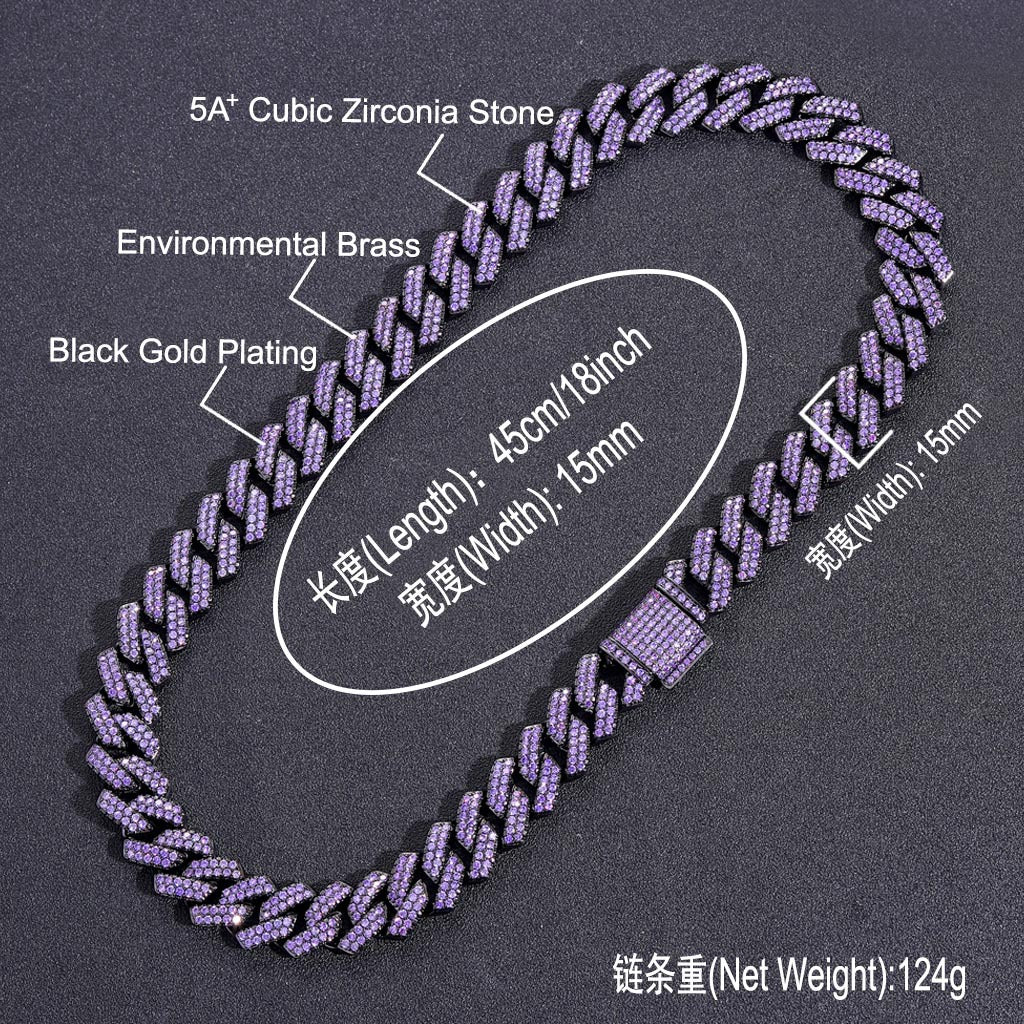 Hiphop Necklace Men Purple Zircon 15mm Rhombus Cuban Chain Copper Inlaid Zircon Hip Hop Cuban Link Chain Necklace
