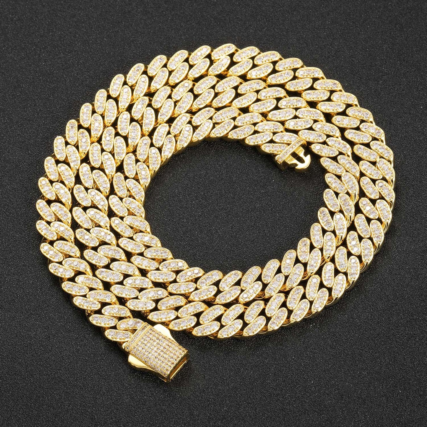9mm Single Row Zircon Cuban Chain Spring Buckle Men's Personality Necklace Trendy Jewelry