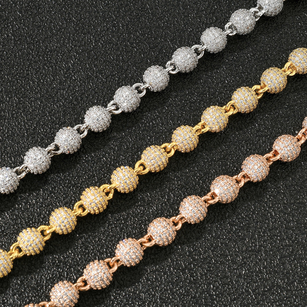 8MM Fashion 3D Round Bead Chain Copper Zircon Hip Hop Jewelry 14K Gold Spiked Womens Cuban Link Chain Necklaces