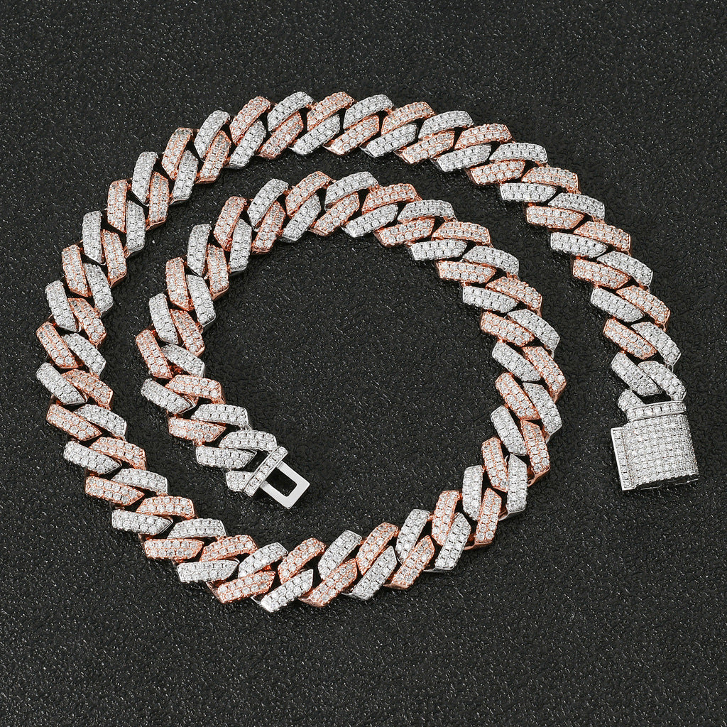 New 14mm White Gold Rose Gold Mixed Color Chocker Necklace From India Solid Gold Cuban Link Chain Necklace Jewelry