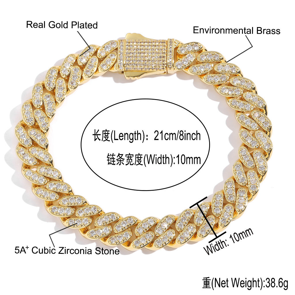 9mm Single Row Zircon Cuban Chain Spring Buckle Men Personality Bracelet Trendy Jewelry